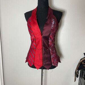 Red & burgundy paisley and striped tie vest top with grommet corset back